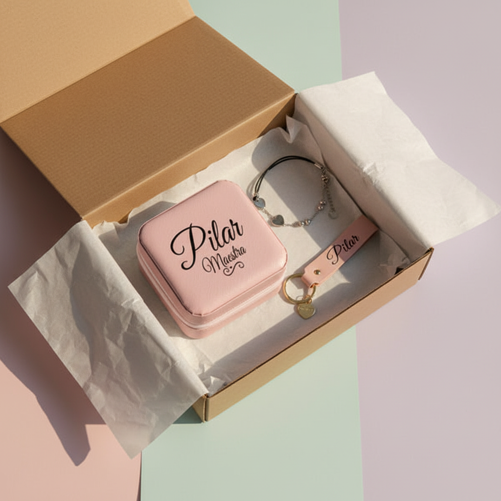 Set regalo para profesora: joyero, pulsera y llavero personalizados