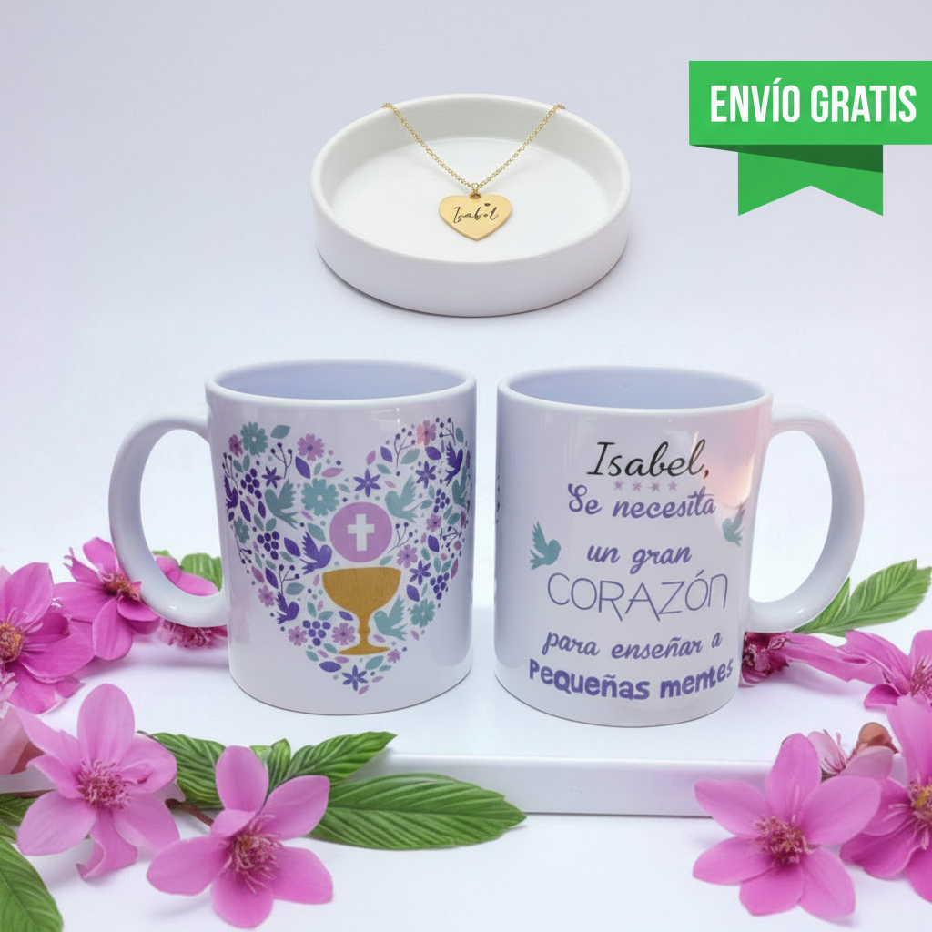 Set regalo perfecto para catequistas taza y colgante dorado