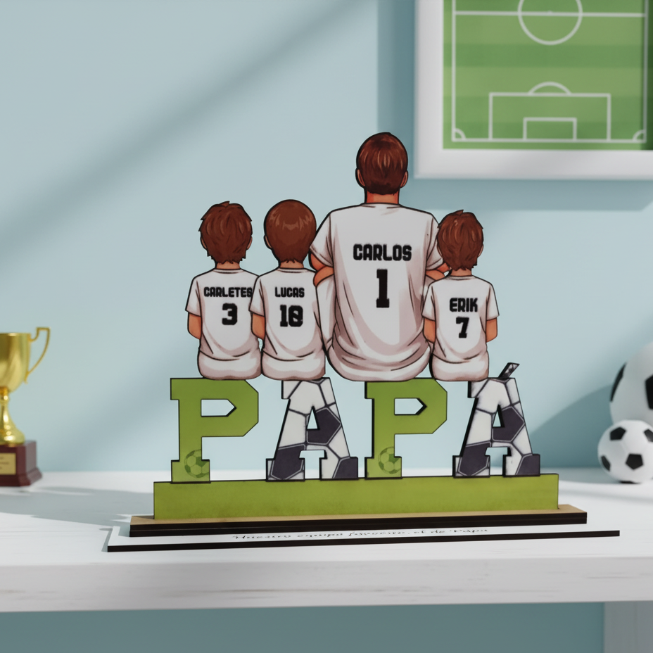 Regalo para papá futbolista con hijos en madera personalizado