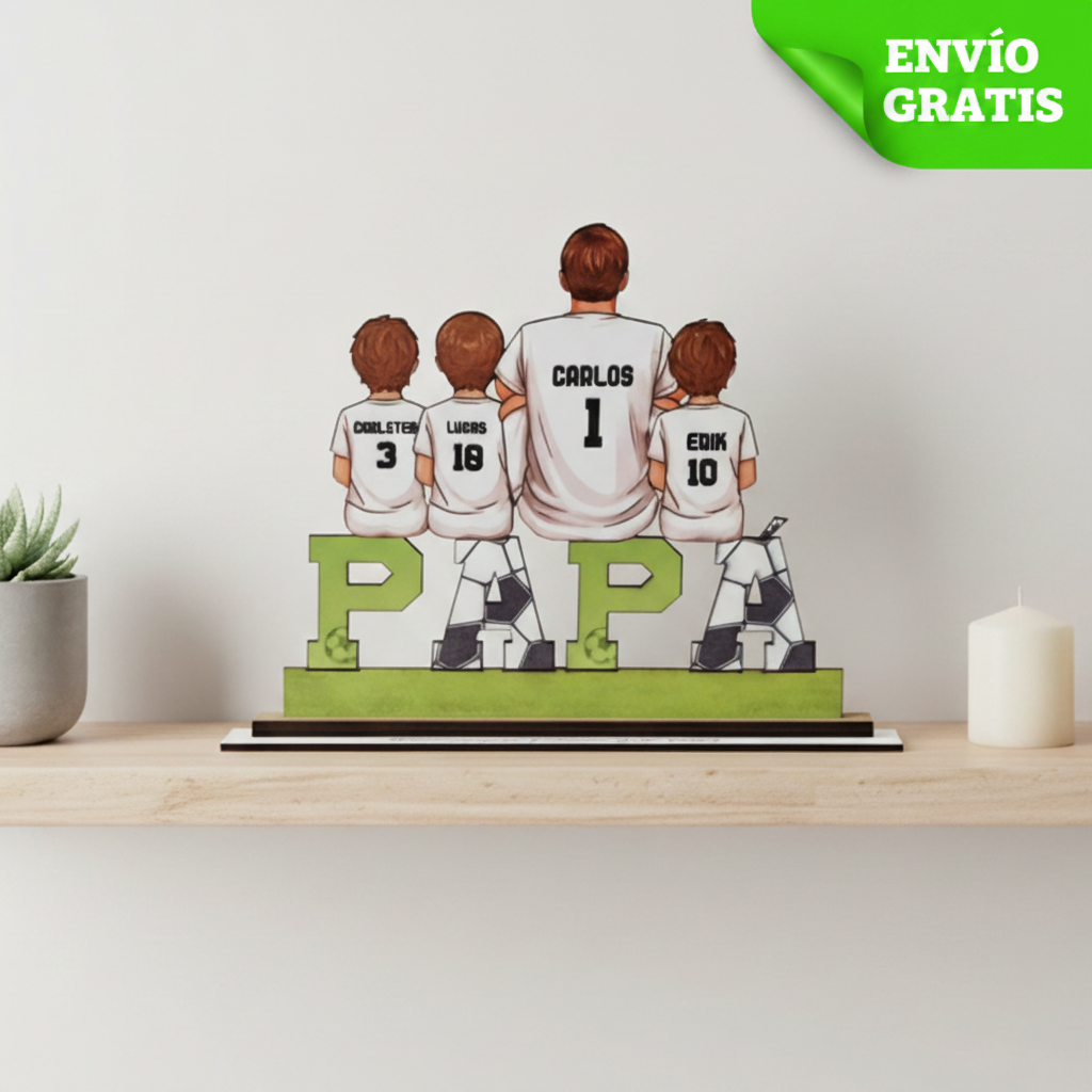 Regalo para papá futbolista con hijos en madera personalizado