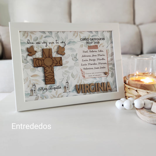 Marco y Lamina rústico para catequistas con detalles en madera