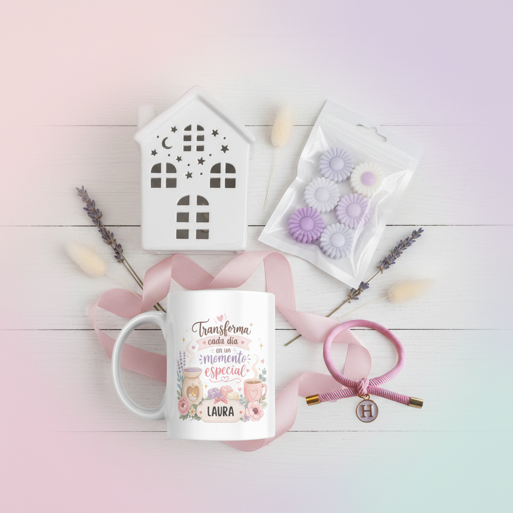 Caja Regalo Relax con Taza, Quemador de Aceite y Pulsera Inicial
