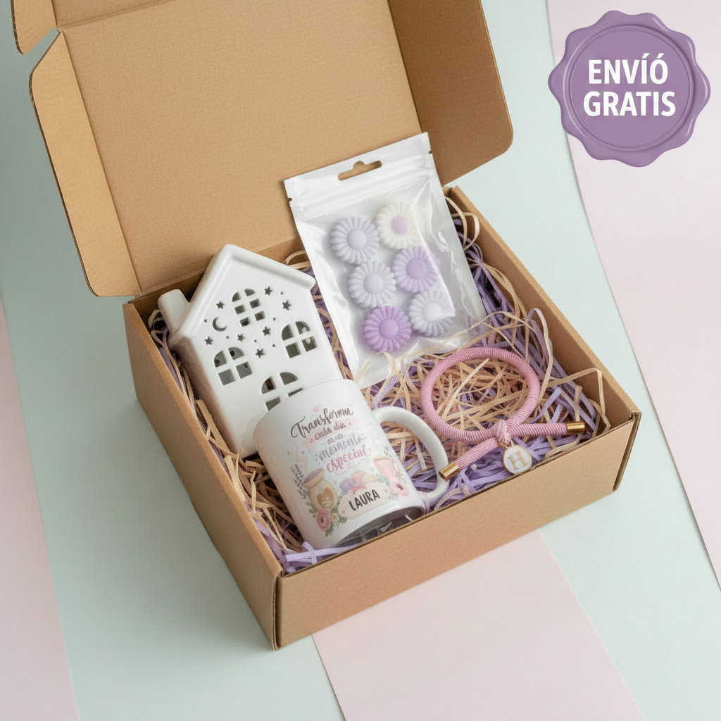 Caja Regalo Relax con Taza, Quemador de Aceite y Pulsera Inicial