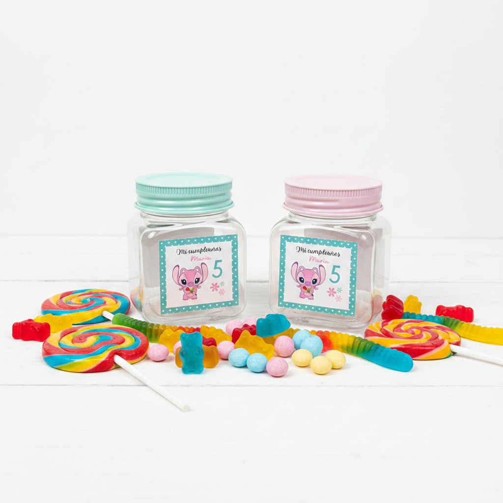 Tarro con tapón de colores etiqueta personalizada para invitados