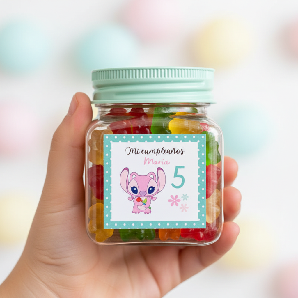 Tarro con tapón de colores etiqueta personalizada para invitados