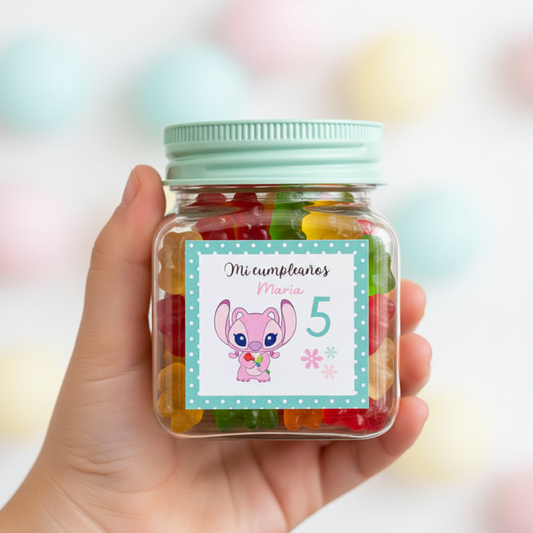 Tarro con tapón de colores etiqueta personalizada para invitados
