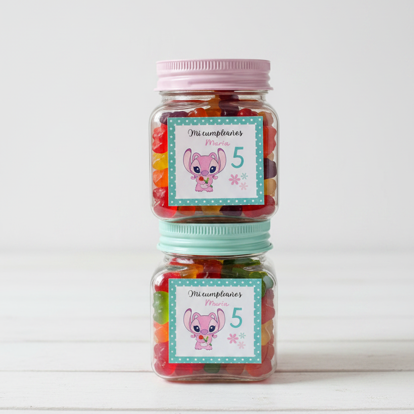 Tarro con tapón de colores etiqueta personalizada para invitados
