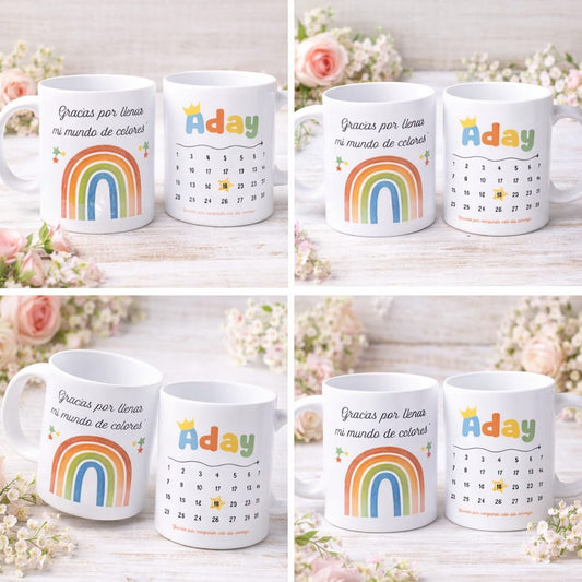 Taza personalizada de bautizo con arcoíris y nombre del bebé