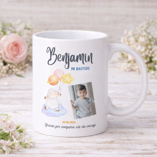 Taza personalizada bautizo bebé – foto, nombre y fecha
