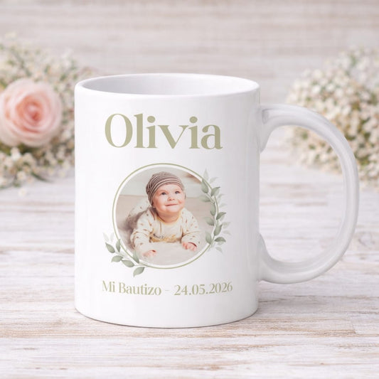 Taza de bautizo personalizada con foto del bebé
