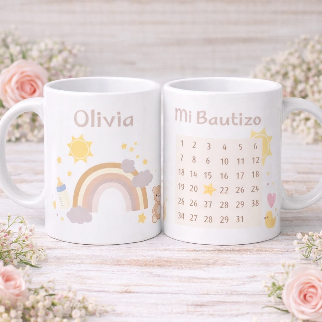 Taza infantil de bautizo con arcoíris en tonos pastel