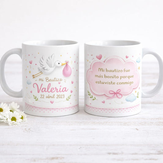 Taza Infantil de Bautizo Cigüeña Rosa Personalizada