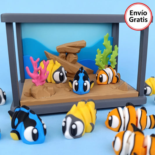 Acuario con 3 peces flexibles 3d – diseño decorativo y coleccionable