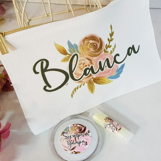 Set regalo mujer personalizado con diseño floral en tonos dorados