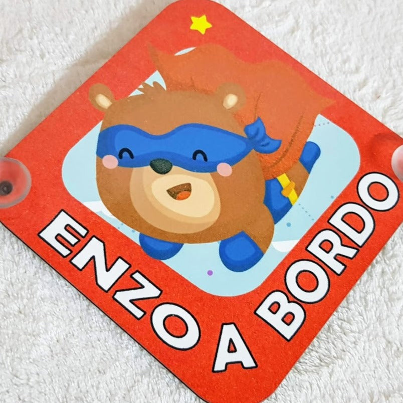 Placa para coche "Bebé a bordo" con nombre