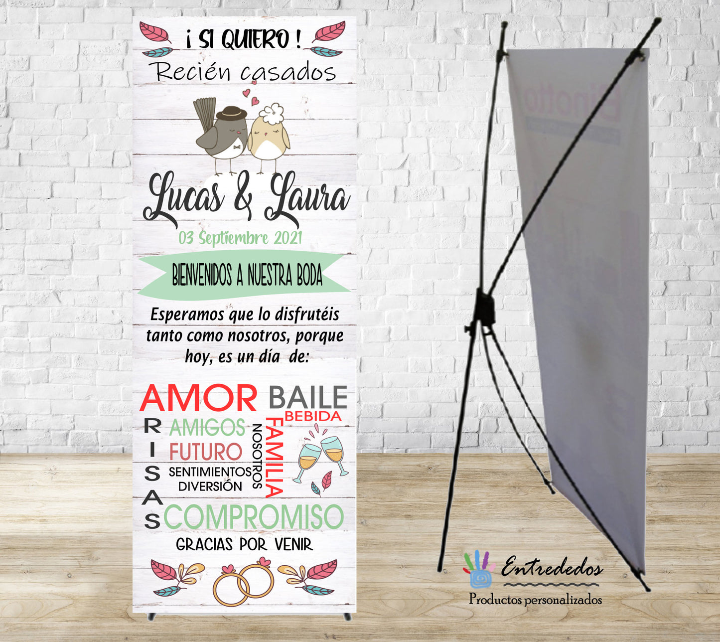 Banner para bodas diseño pajaritos